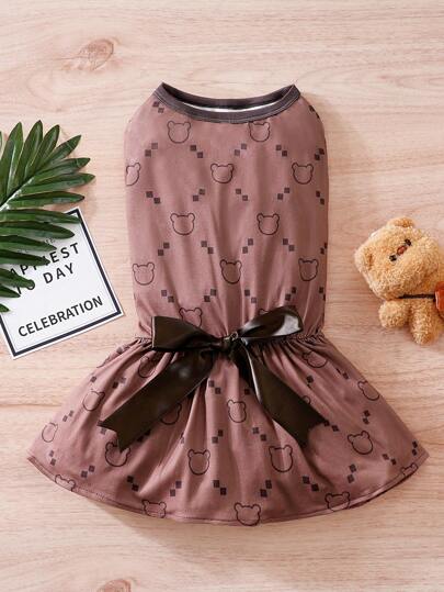 棕熊印花蝴蝶结装饰宠物狗/猫背心裙，1 件装