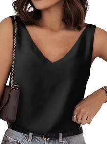 Women Elegant Satin Silk Tank Vest,Sleeveless V Neck Solid Loose Summer Ladies Tops For Casual Daily - Black - View 4