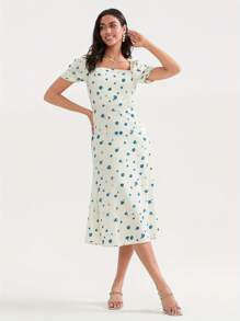 Womenacute;S Summer Midi Dress Casual Short Puff Sleeve Floral Print A-Line Dress Elegant Flowy Dress