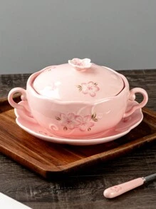 1 Set Dual-Ear Ceramic Bowls, 1 Bowl+1 Lid+1 Spoon+1 PlateFloral Pattern, Large Capacity Ceramic Plates, Soup Bowls, Salad Bowls, Noodle Bowls, Oven & Microwave , For Fruit, Pasta, Suitable For Gathering, Hot Pot, Picnic, Barbecue, Kitchen Tableware ﻿