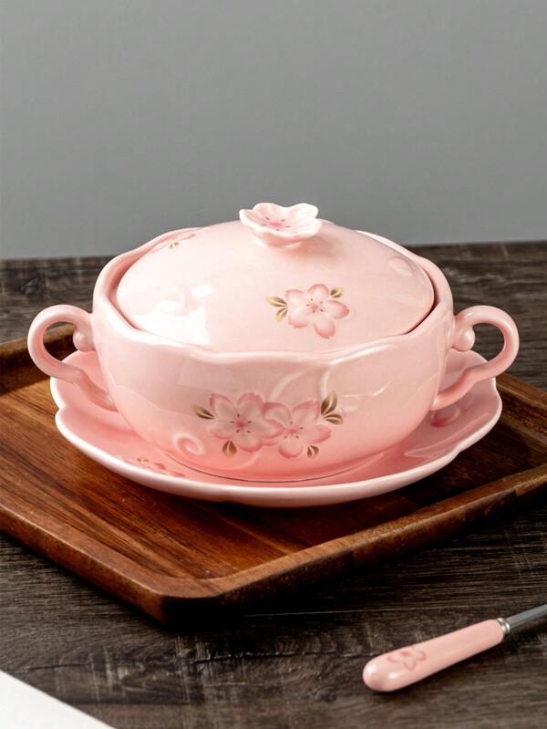 1 Set Dual-Ear Ceramic Bowls, 1 Bowl+1 Lid+1 Spoon+1 PlateFloral Pattern, Large Capacity Ceramic Plates, Soup Bowls, Salad Bowls, Noodle Bowls, Oven & Microwave , For Fruit, Pasta, Suitable For Gathering, Hot Pot, Picnic, Barbecue, Kitchen Tableware ﻿
