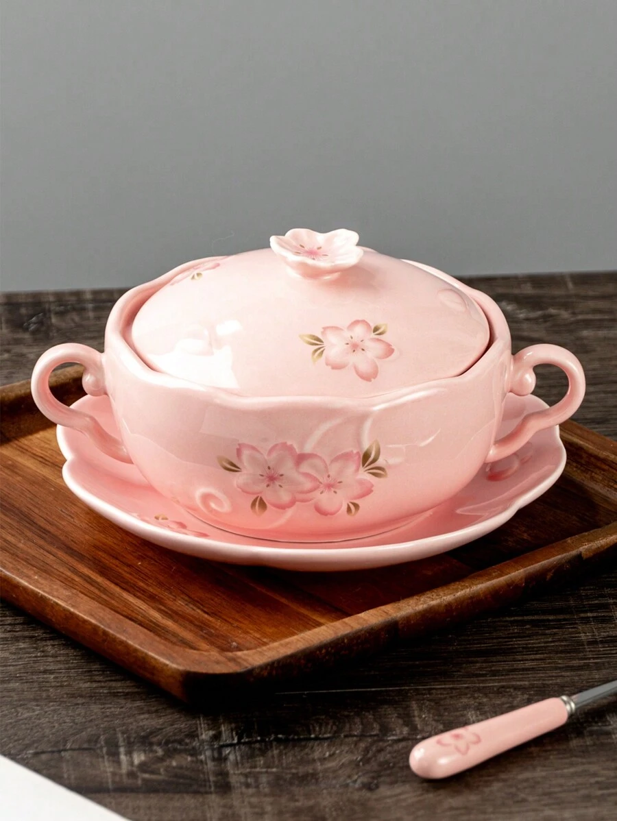 1 Set Dual-Ear Ceramic Bowls, 1 Bowl+1 Lid+1 Spoon+1 PlateFloral Pattern, Large Capacity Ceramic Plates, Soup Bowls, Salad Bowls, Noodle Bowls, Oven & Microwave , For Fruit, Pasta, Suitable For Gathering, Hot Pot, Picnic, Barbecue, Kitchen Tableware ﻿