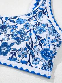 Women 2-Piece Bikini Swimsuits Floral Print U-Neck Bra And High Waist Briefs Sets For Summer Beachwear Bathing Suit - Màu xanh lam - Xem 5