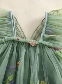 Infant Baby Girl Princess Romper Dress Mesh Flower Butterfly Embroidery Sleeveless Square Neck Adorable Cute Jumpsuit Mesh Tulle Tutu Dress Ruffle Hem Bodysuit Playsuit Summer Newborn Baby Girl Clothes Outfit - 綠色 - 查看 5