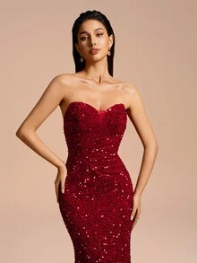 无袖露肩亮片美人鱼晚礼服、派对礼服、婚礼宾客礼服、正式礼服、晚礼服