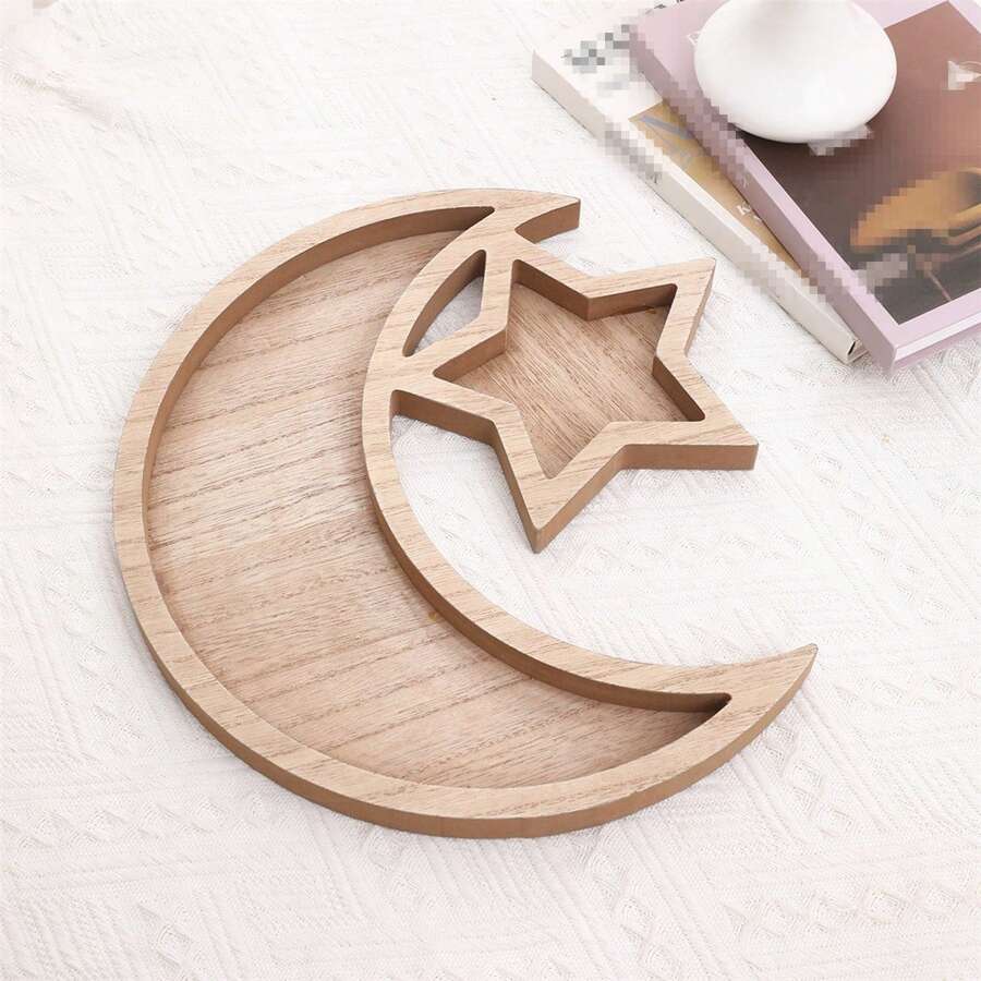1 pieza Bandeja de madera con diseño de estrella y luna, color natural, decorativa para la sala de estar