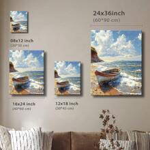 Wrapped Framed Canvas Vintage Wall Art Print Serene Beachscape With Boat - Artful Home Decor For Living Room, Bedroom, Bathroom, Office