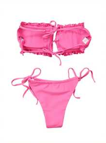 Women's Two Pieces Swimwear Suit, Curve-Hugging Strap-Free Backless Bra + Triangle Panties - Pink - View 7