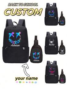 Customized Fitness Backpack, Can Be Printed With Personalized Name Or Holiday Greetings. Customize Your Own Crossbody Bag. 2 Pieces Mini Combination, Back To School Fashion Large Capacity Bag, Cute Cartoon Funny Spoof Ghost Face Smiling Face - Text - View 1