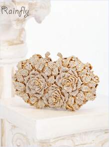 Exquisite Luxurious Flower Design Gold Color Crystal Evening Bags For Women,Formal Wedding Party Handbag Purse Floral Crystal Handbag, All Handmade Metal Rhinestone Dinner Bags,Vintage Sequin Clutch Wedding Party Prom Bag, Chain Crossbody Evening Purse, Perfect Bride Purse For Wedding, Prom & Party Events,Best Gifts For Ladies - Gold - View 2