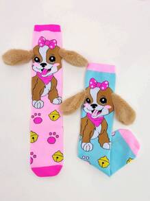 一双儿童过膝袜，粉色小狗图案，3D耳朵装饰，适合所有季节，是疯狂日、角色扮演、儿童派对、复活节、户外活动和日常穿着的理想选择，也是一份绝佳的礼物。 - 彩色 - 查看 4