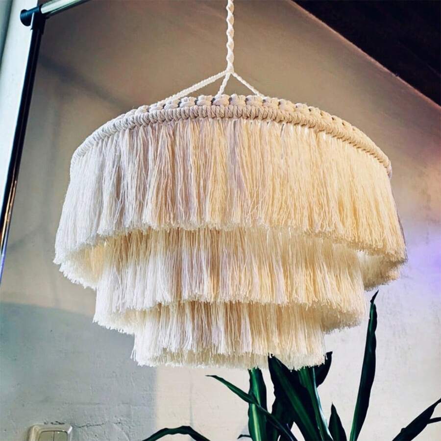 Macrame Lamp Shade Boho Hanging Pendant Light Cover For Office Bedroom Living Room Nursery Dorm Decor (Bulb Not Included)