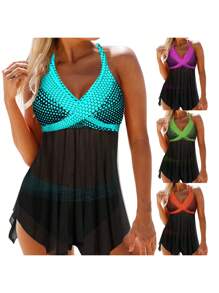 Women Two-Piece Swimming Clothes Set, V-Neck Sleeveless Variegated Color Tops And Panties, Lake Blue/ Green/ Orange/ Purple - 藍色 - 查看 3