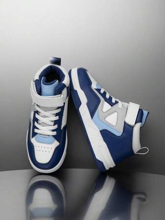 1 Pair Fashion Mixed Material High-Top Children Sneakers, Waterproof Leather Sports Shoes, Versatile For Kids All Seasons