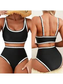 Women's Floral Bikini Sets Whip Stitch 2 Piece Swimsuits - High Waisted Tummy Control Bathing Suits, Scoop Neck Push Up Beachwear - 黑色 - 查看 5