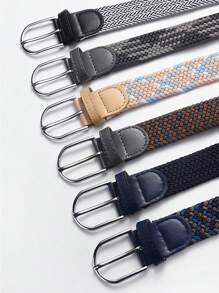 1pc Ivory Blue Woven Elastic Casual Belt For Men With Alloy Buckle, Stretchable Canvas Fashion Belt For Women No-Drill