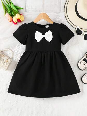 4-7 岁年轻女孩休闲纯色连衣裙，时尚泡泡短袖蝴蝶结连衣裙，适合日常穿着