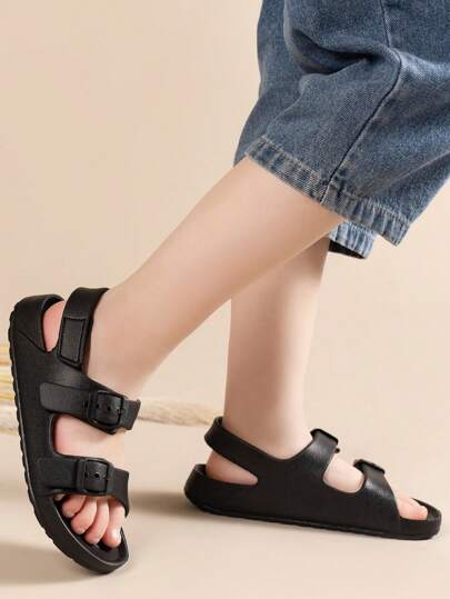 Kids Double Buckle EVA Anti-Slip Soft Lightweight Open Toe Casual Sport Sandals, Suitable For Indoor/Outdoor Wear, Daily Home Bathroom Use, All Seasons, Black