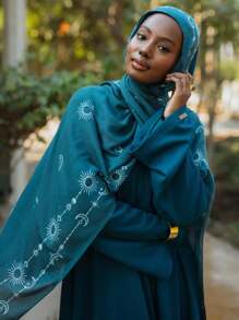 1PC Women's Bohemian Balinese Najm Hijab With Sun, Star, Moon Print, Suitable For Daily Outings And Festival Celebrations - Bali Yarn - View 4