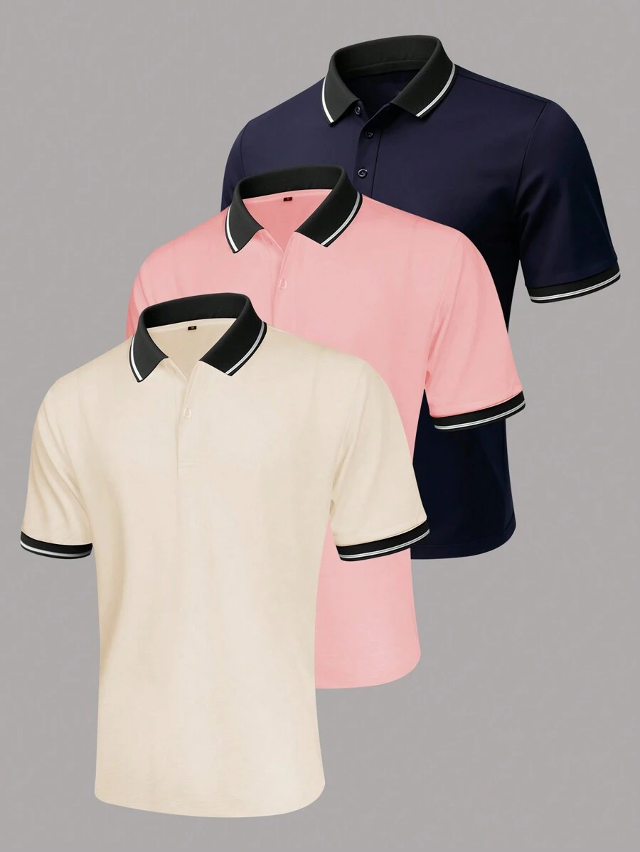 3-Piece Men's Solid Color Contrasting Collar Polo Shirt Set - Multicolor - View 1