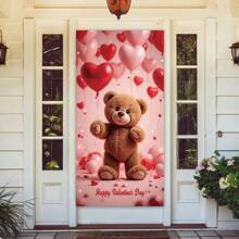 2D Door Banner, 1 Piece Valentine's Day Heart-Shaped Wreath Door Decoration - 35.4x70.8 Inches, With Red Hat, Bow, And Heart Accents, Polyester, No Power Required - Ideal For Entrance And Room Decor