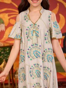 Vestido/bata de manga corta holgado con bordado vintage para adolescentes y niñas preadolescentes