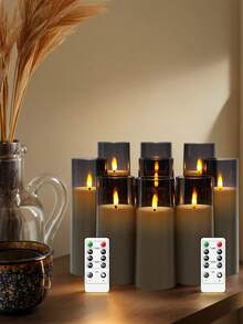 9 件/套电池供电闪烁无焰 LED 柱状蜡烛，带遥控器和 2/4/6/8 小时定时器，亚克力 LED 蜡烛（2.3 英寸 X 5 英寸、6 英寸、7 英寸） - 灰色 - 查看 4