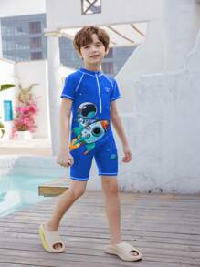 Tween Boy Astronaut & Rocket Print Zipper One-Piece Swimsuit