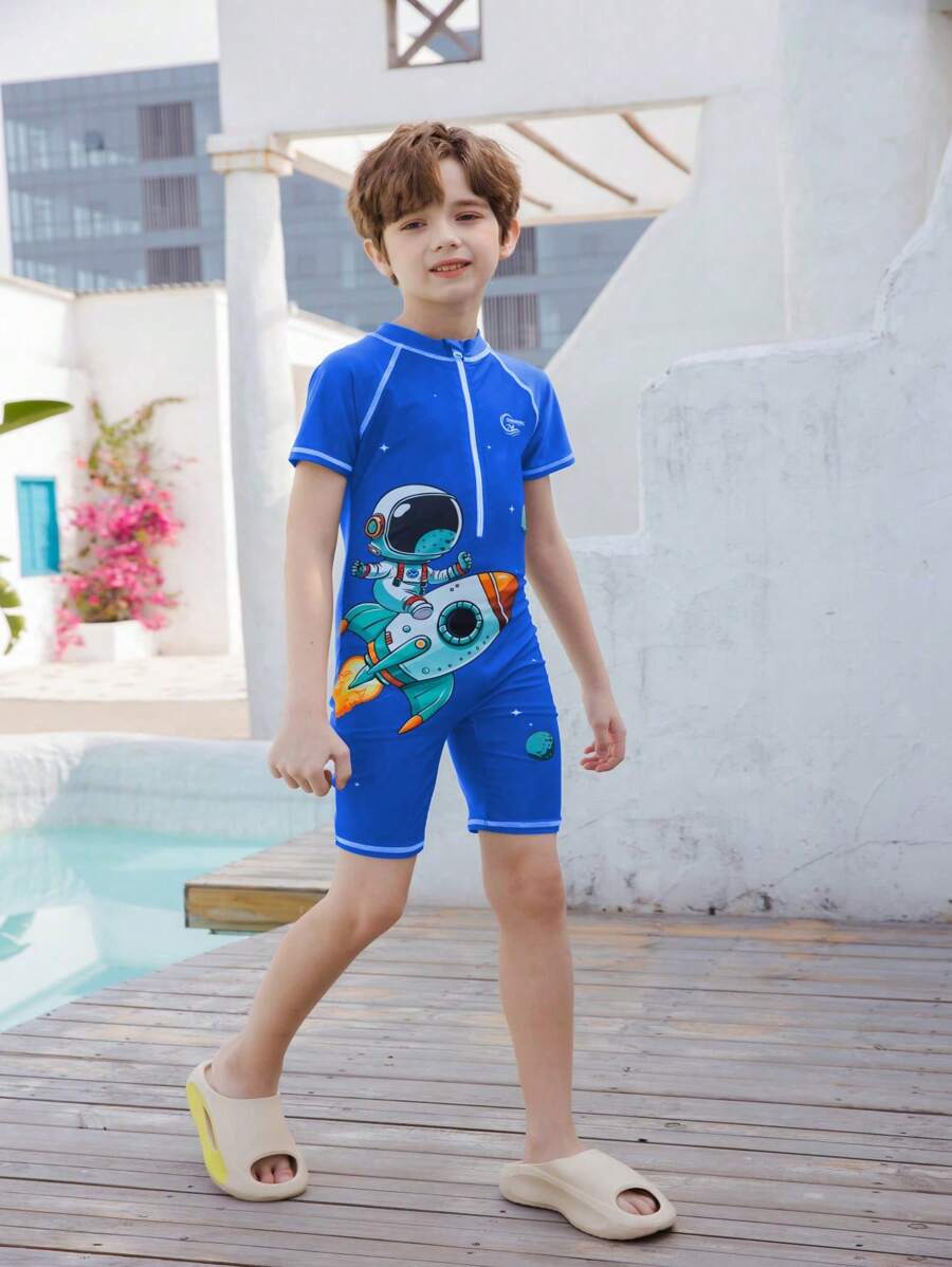 Tween Boy Astronaut & Rocket Print Zipper One-Piece Swimsuit