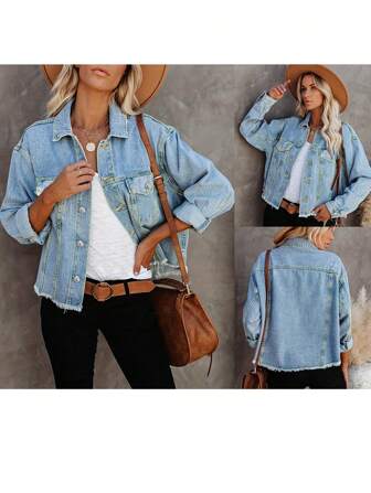 Damska kurtka dżinsowa z długim rękawem i postrzępionym wykończeniem