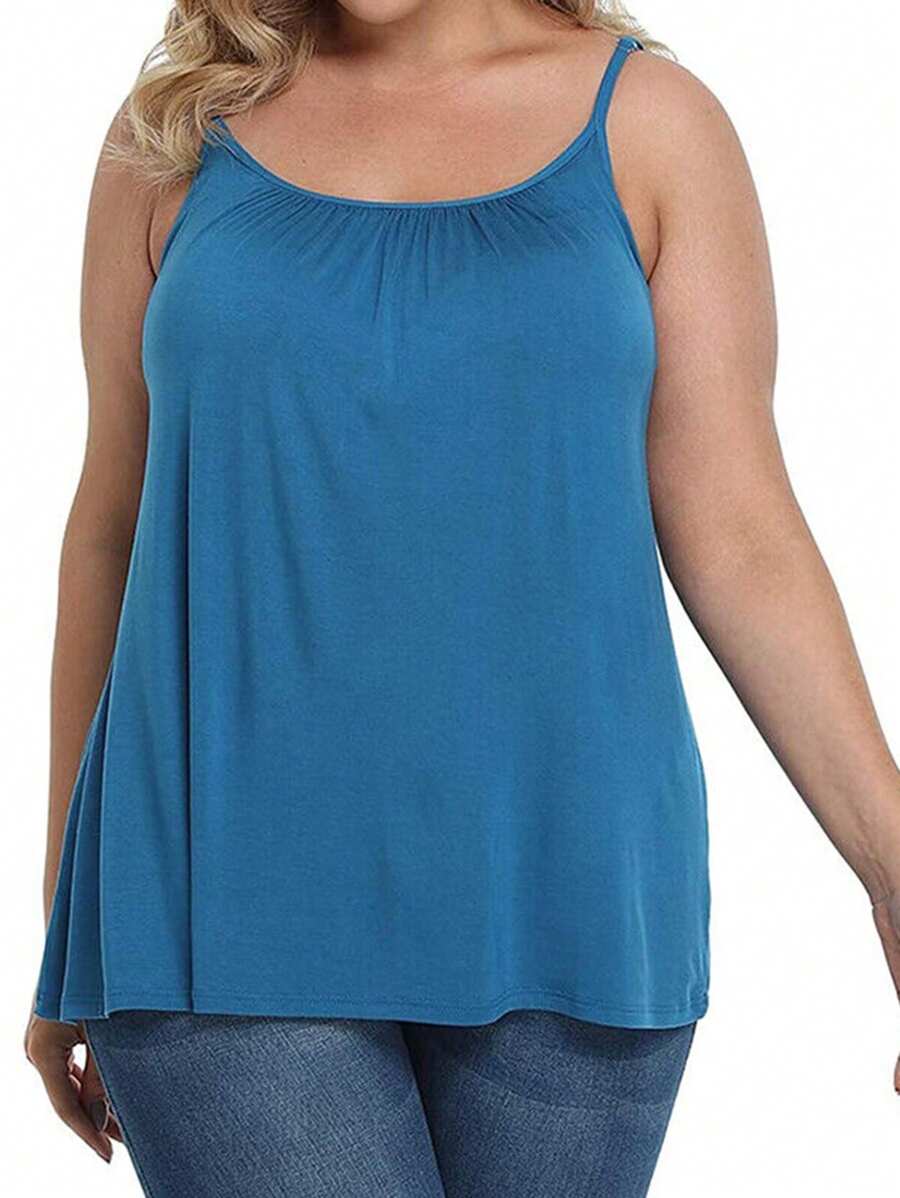 Built In Bra Padded Women Camisole Cami Vest Plus Size 2 In 1 Push Up Tank Tops Summer Beach Flowy Swing Casual Loose Fit Blouse Top Shelf Bra Spaghetti Strap S To 4XL - 藍色 - 查看 1