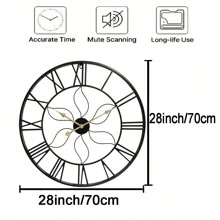 28 Inch Large European Vintage Style Metal Wall Clock, Silent Movement, Rustic Garden Decoration, Fashionable Creative Clock For Outdoor And Indoor Use - 黑色 - 查看 8