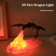 Rechargeable 3D Printed Fire Dragon Night Light - Glowing Cloud Base Medieval Fantasy Decor - Red Light - View 1