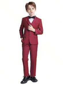 男童五件套西装，幼儿礼服套装，花童礼服，婚礼西装外套、马甲、裤子、衬衫、领带，正式西装，酒红色，尺码 6-16 岁 - 酒紅色 - 查看 3