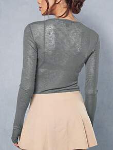 Y2K Elastic Sheer Long Sleeve Crew Neck Fitted T-Shirt Top - Grey - View 2