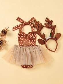2 piezas de mono de reno para niña, sin mangas, con cuello halter, de tul y diadema de astas, disfraz de cosplay - Caqui - Ver 4