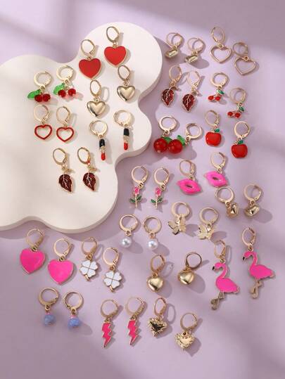 Set de 12/24 pares de aretes con diseños de corazón, rayo y flor para niñas, decoración para el Día de San Valentín