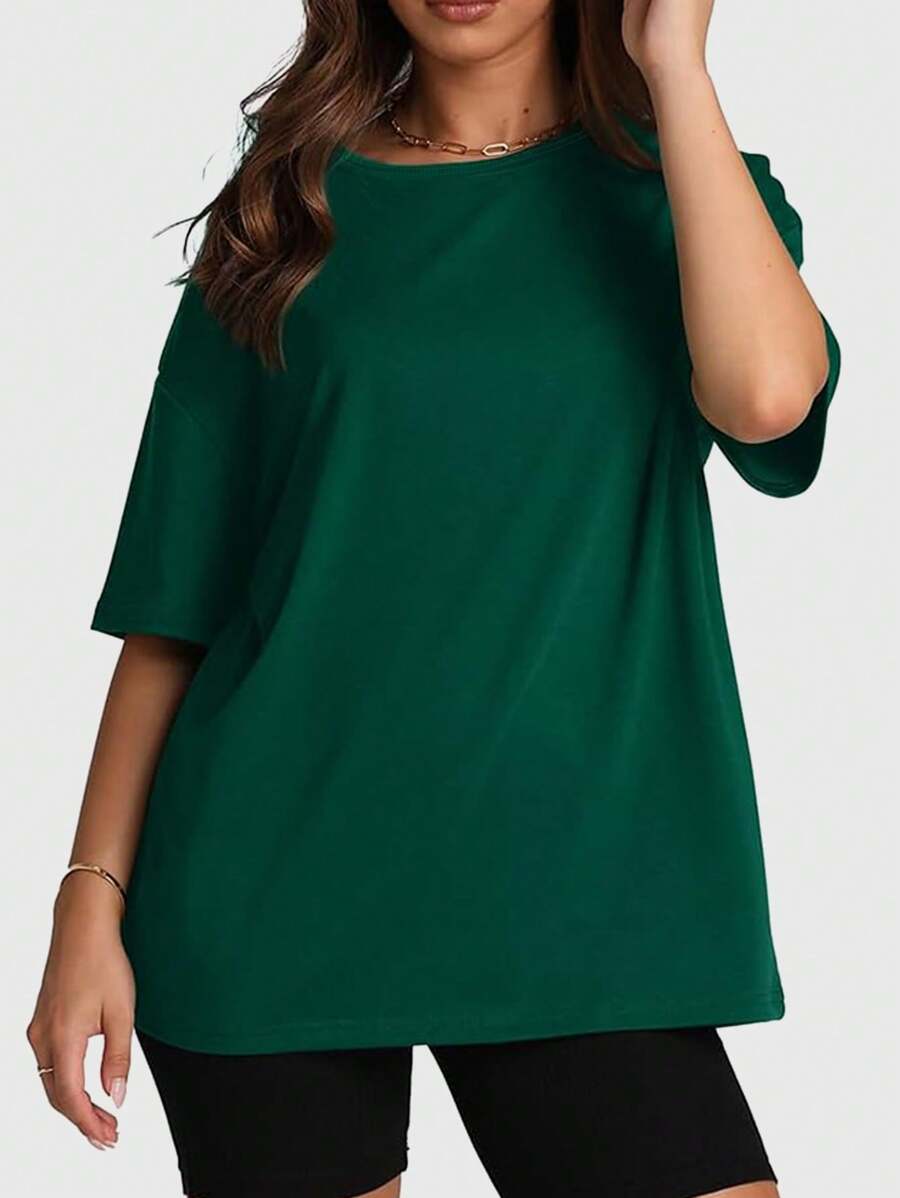 [春夏] 女士超大圆领短袖上衣、宽松休闲衬衫、Y2K 2025 基本款 T 恤 - 綠色 - 查看 1