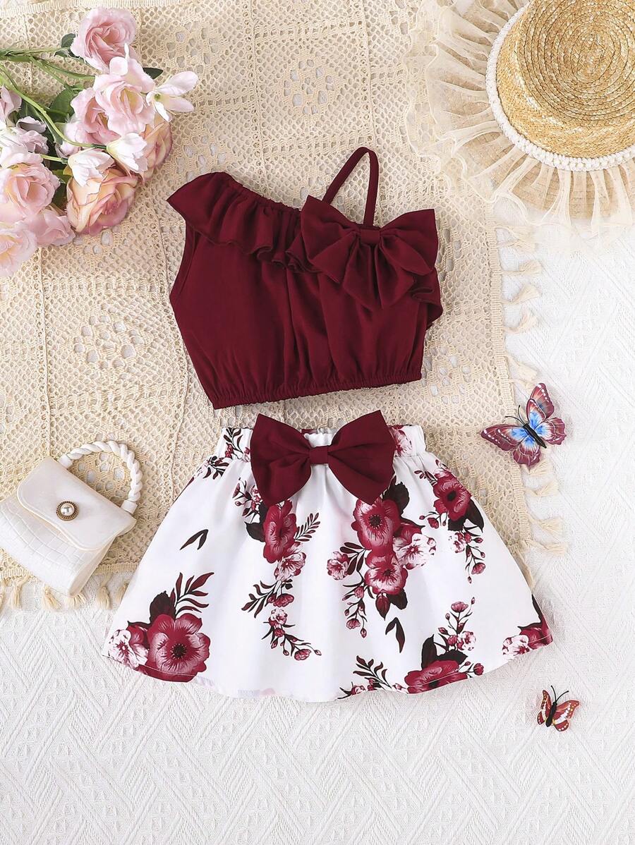 2件套女婴时尚可爱纯色不对称肩吊带背心搭配蝴蝶花朵图案半身裙，夏季日常出行及度假新品 - 酒紅色 - 查看 1