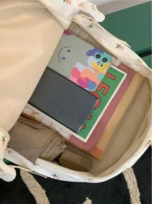 时尚玫瑰印花女童背包，多口袋设计，加厚学生背包，防水，带泰迪熊挂件，大容量，适合青少年、女性或学生，可装书本、购物用品，返校必备，可搭配各种背包配件，适合小学、中学和大学，返校大学背包，大学必备