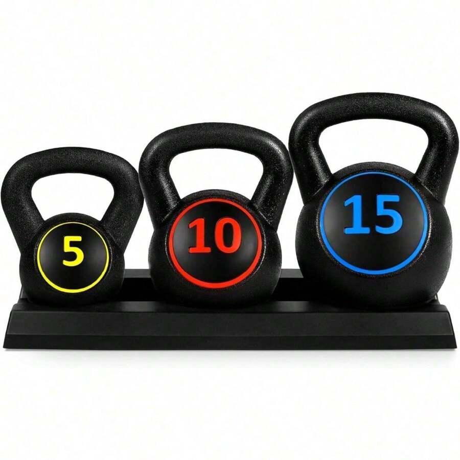3-Piece Kettlebell Set With Storage Rack, HDPE Coated Exercise Fitness Concrete Weights For Home Gym, Strength Training, HIIT Workout 5lb, 10lb, 15lb - 1 - Xem 1