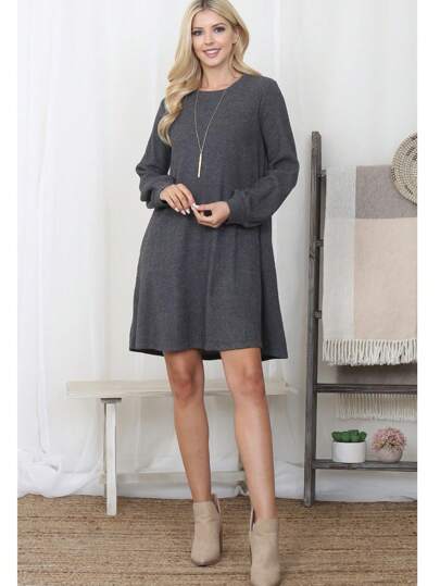 Brushed Waffle Bubble Sleeve Pocket Dress