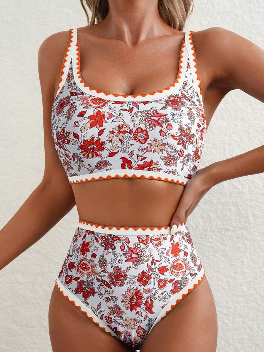 Women's Floral Bikini Sets Whip Stitch 2 Piece Swimsuits - High Waisted Tummy Control Bathing Suits, Scoop Neck Push Up Beachwear - trái cam - Xem 1