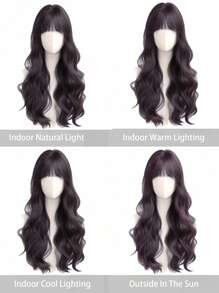 女士优雅 28 英寸长卷发合成假发，带黑棕色刘海，外观自然，适合日常使用 - 黑棕色 - 查看 7