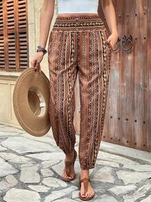 Women's Print Drawstring Pocket Casual Pants - Multicolor - View 5