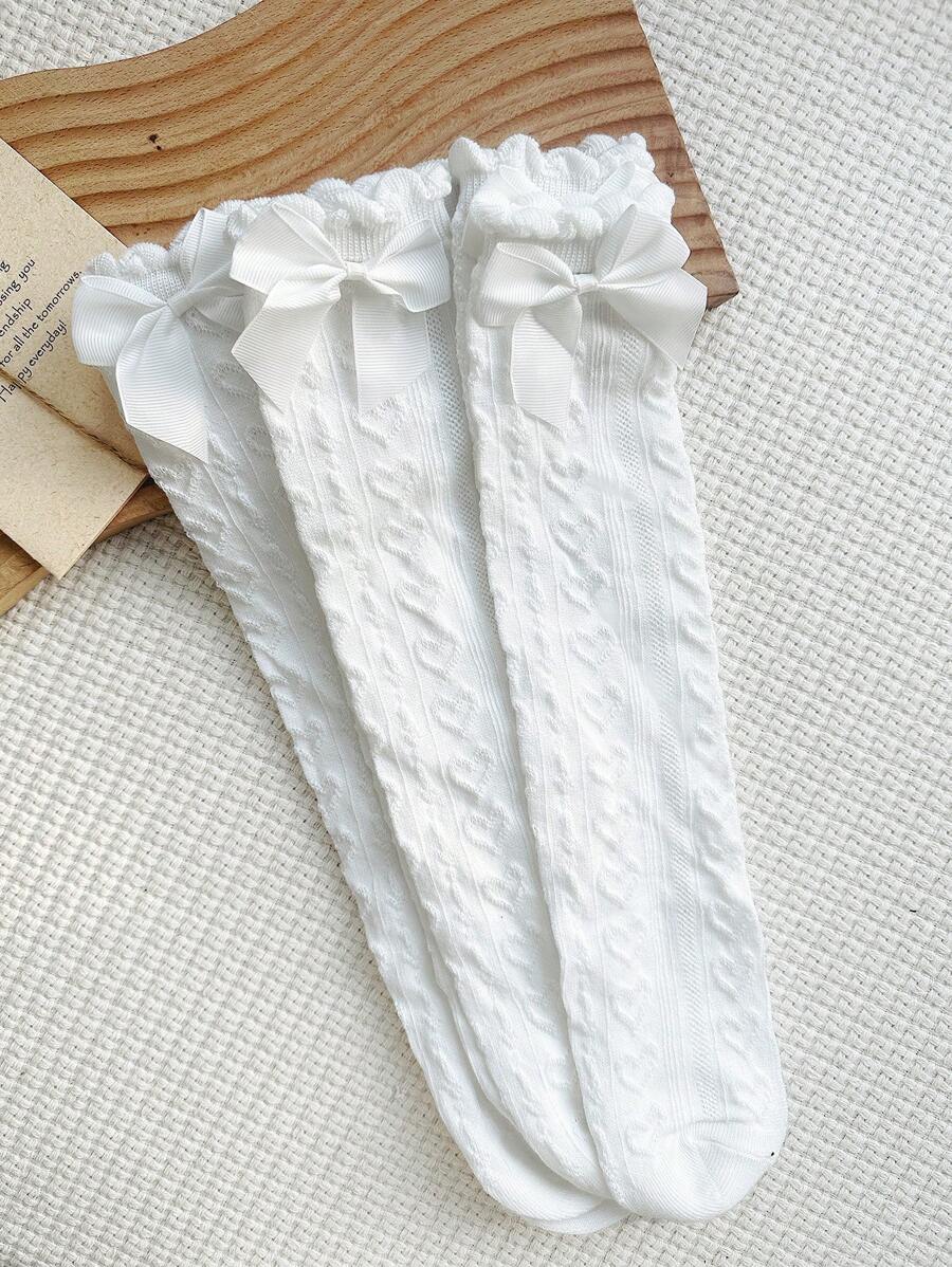 3 Pairs White Bow Heart Decor Over-The-Knee Socks, Suitable For All Ages, Multifunctional