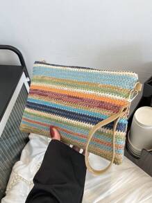 Fashionable Spring/Summer New Woven Clutch Envelope Bag, Casual Colorblocked Wave Pattern Multi-Purpose Tote Handbag For Women - Multicolor - View 5