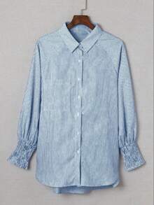 Plus Button Puff Sleeve Striped Shirts - Blue - View 4