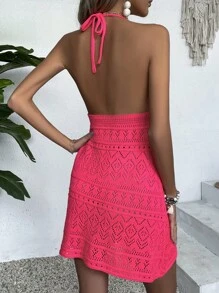 Women Sleeveless Knitted V-Neck Hollow Flower Pattern Bodycon Dress, Spring/Summer (Flower Pattern Randomly) - Bright Rose Red - View 2
