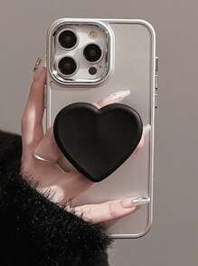 GUCADI 电镀银手机壳+黑色爱心支架 高级感 个性甜美酷女孩 兼容苹果1/15/14/13/12/11/X/Seven系列手机壳 防水防震防摔防刮 - 銀色 - 查看 2